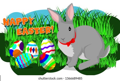 Flat illustration of an Easter bunny with a bow around the neck of a person sitting near the multi-colored festive eggs that lie in the grass, the inscription on top of "Happy Easter!"