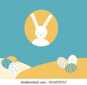 Flat illustration of Easter day, A rabbit or bunny looking at Easter eggs from distance. Due to coronavirus and pandemic people are celebrating holidays while maintaining social distancing. 