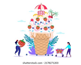 Flat illustration. Eating ice cream concept containing sugar, cherry, caramel, mint, candy, cone, wafer, cream, fruit, strawberry, chocolate, perfect for summer and parties.