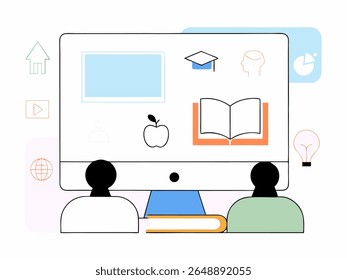 Flat illustration of an e-classroom user interface with students learning online through books and educational icons. Clean design ideal for education platforms.