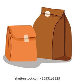 Ilustración plana de conjunto de embalaje ecológico aislado sobre fondo blanco. Bolsa de papel, caja de cartón, bolsa de compras, bolsa de alimentos, contenedores biodegradables sostenibles para la entrega y el embalaje.