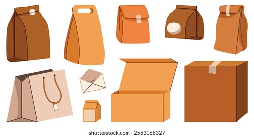 Ilustración plana de conjunto de embalaje ecológico aislado sobre fondo blanco. Bolsa de papel, caja de cartón, bolsa de compras, bolsa de alimentos, contenedores biodegradables sostenibles para la entrega y el embalaje.