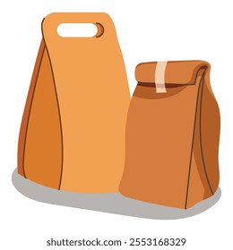 Ilustración plana de conjunto de embalaje ecológico aislado sobre fondo blanco. Bolsa de papel, caja de cartón, bolsa de compras, bolsa de alimentos, contenedores biodegradables sostenibles para la entrega y el embalaje.