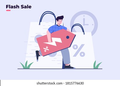 Flat Illustration e-commerce promotion flash sale concept. Online shop special offer discount. Big sale promotion. Mega sales. Can be used for promotion, poster, UI UX, animation, banner, motion.