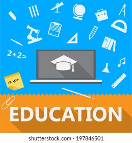 Flat illustration of education. Colored vector illustration with silhouette symbols of school or college education.