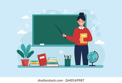 Flat Illustration Educator, Teacher, Classroom, Blackboard, Lesson, Modern Education Design, Vector Illustration, Teaching Concept