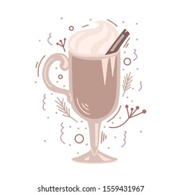 Flat illustration of eggnog with doodle decorations. Christmas treat. Holiday Gogol Mughal. Vector picture for cards, banners and your creativity.