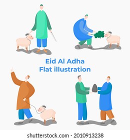 flat illustration of eid al adha, Islamic celebrations, human interaction on the feast of sacrifice, sharing, alms, helping others in the month of Hajj