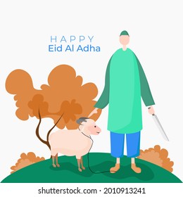 ilustración plana de eid al adha, celebraciones islámicas, interacción humana en la fiesta del sacrificio, compartir, limosnas, ayudar a otros en el mes del Hajj