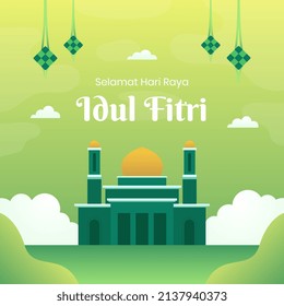 Ilustración plana de Eid al Fitr ( Selamat Hari Raya Idul Fitri ). Adecuado para plantillas de medios sociales, afiches, etc.