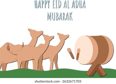 Flat Illustration of Eid al-Adha Celebration with Camels and Bedug Drum for Islamic Holiday Greeting Card Design