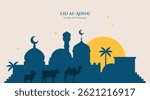 Flat illustration of Eid al-Adha with mosque silhouettes, sacrificial animals, crescent moons, palm trees, and a setting sun. Symbol of faith, sacrifice, and celebration in Islam.