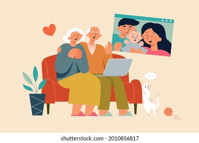 Flat illustration of elderly couple having video call with family while staying at home