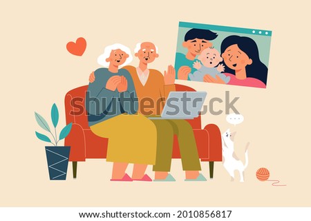 Flat illustration of elderly couple having video call with family while staying at home