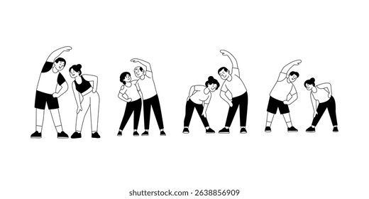 flat illustration of elderly couple stretching fitness concept