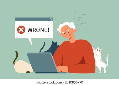 Flat illustration of elderly man getting annoyed with access denied message from popup window 