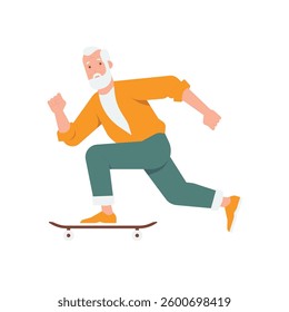 Flat illustration of elderly old man senior riding skateboard with youthful spirit isolated on transparent background