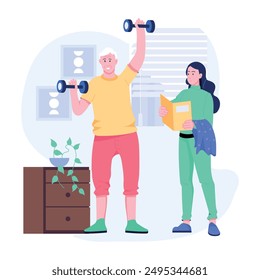 A flat illustration of elderly workout instructor 
