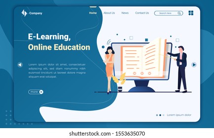 Flat illustration of e-learning or online education on landing page template