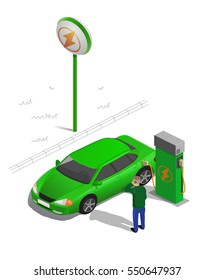 Flat illustration electric car charging electric batteries, charging station, eco-friendly transport, green energy. Isometric.