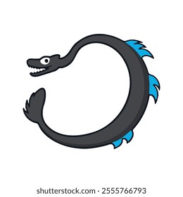 Flat illustration of an electric eel with dark body, electric blue accents, curving shape, minimalistic design, clean background