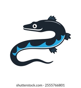 Flat illustration of an electric eel with dark body, electric blue accents, curving shape, minimalistic design, clean background