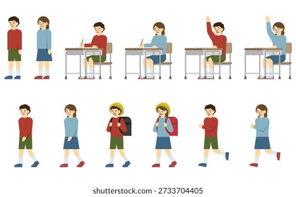Flat illustration: Elementary school boy and girl set (with facial expressions)
