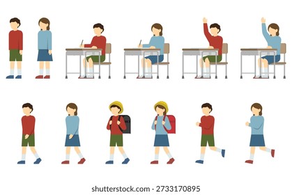 Flat illustration: Elementary school boys and girls set