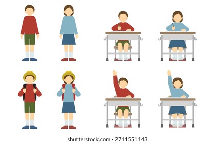 Ilustración plana: Estudiante de escuela primaria con ropa casual (frente)