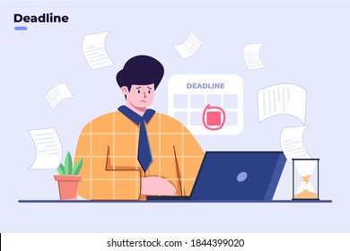 Ilustración plana Empleados trabajando arduamente con un breve plazo, trabajadores de Office trabajando en tiempo límite, trabajo en exceso en el negocio, estrés y apuro en la oficina, Trabajador de oficina con exceso de trabajo, trastornó el trabajo.