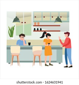 Flat illustration of employee having a light discussion at the pantry at break time. Simple vector illustration.