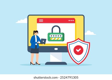 Ilustração plana de funcionário inserindo senha forte no computador com login seguro