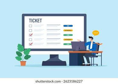 Flat illustration of employee reviewing support tickets with dashboard status while assisting customer on call in helpdesk service