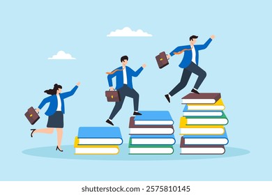 Flat illustration of employee run on stack of book toward success symbolizing knowledge and education helping business growth