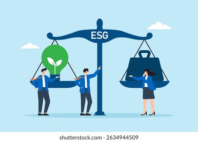 Flat illustration of employees balancing ESG sustainability scale with clean energy bulb and corporate responsibility weight
