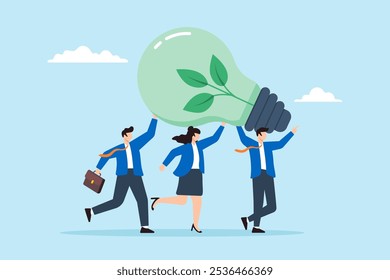 Flat illustration of employees carry green ESG sustainable lightbulb corporate efforts eco-friendly clean energy solutions renewable power reuse