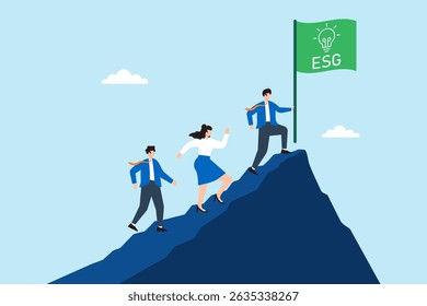 Flat illustration of employees climbing mountain with green ESG lightbulb as corporate sustainability flag