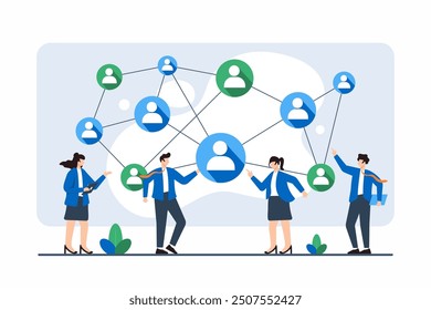 Flat illustration of employees connecting dots to form strategic business plan