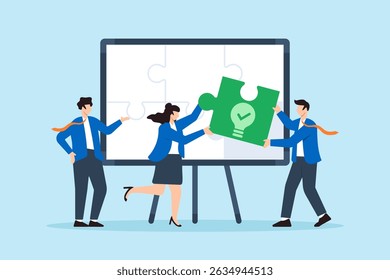 Flat illustration of employees fitting green lightbulb puzzle pieces into corporate ESG board for clean energy strategy