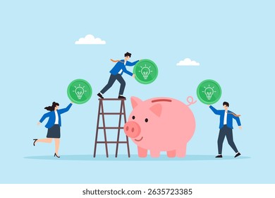 Ilustração plana de funcionários inserindo moeda de lâmpada verde no piggy bank corporativo para investimento ecologicamente correto