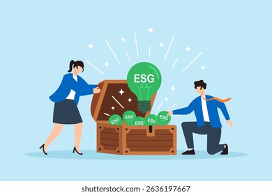 Flat illustration of employees opening treasure chest filled with green ESG lightbulbs as corporate sustainability reward
