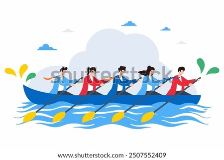 Flat illustration of employees rowing boat in unison, representing teamwork and synergy