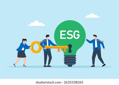 Flat illustration of employees unlocking green ESG lightbulb with teamwork key to activate clean energy initiatives