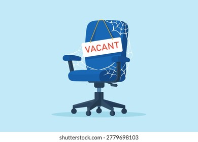 Flat illustration of empty office chair with cobweb and vacant sign representing job vacancy hiring freeze unfilled position and recruitment