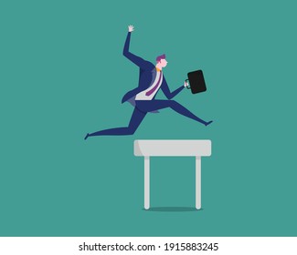 flat illustration of an energetic bussinessman overcoming obstacless to achieve succes