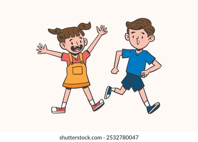 Flat illustration of energetic kids dancing together, fun movement, children playing, youth excitement, active lifestyle for children