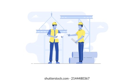 Flat illustration of engineering and construction. Two construction workers. vector illustration.