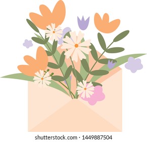 Flat illustration. Envelope with bright beautiful spring flowers and plants. Vector illustration on white background. Yellow pink purple flowers green plants yellow envelope beauty summer nature style