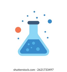 A flat illustration of Erlenmeyer flask with bubbling blue liquid and floating spheres on a White Background