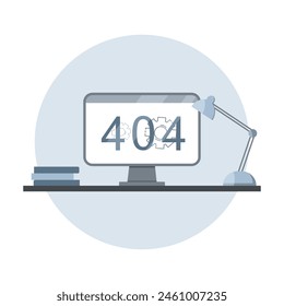 Ilustración plana del error 404, en la pantalla del monitor. Escritorio.